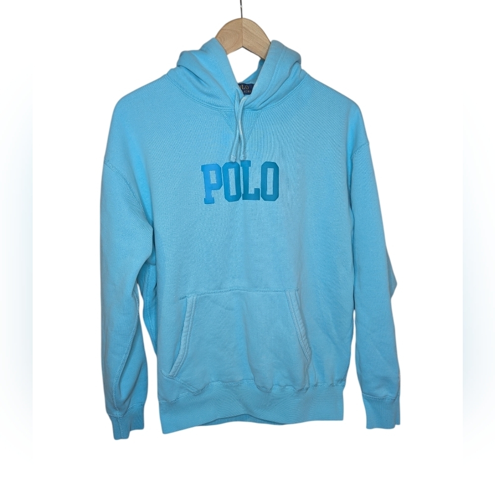Polo Ralph Lauren Hoodie Womens Petite Small SP Aqua Blue Spellout Logo Pullover - Picture 1 of 14